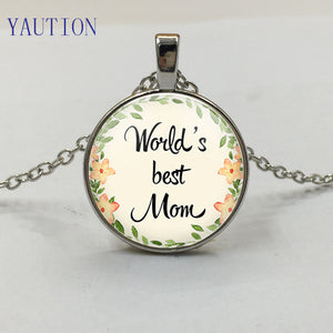Mom Necklace Floral World's Best Mom Necklace Lettering Glass Cabochon Pendant Mother's D Jewelry Gift from Children