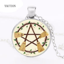 Load image into Gallery viewer, Wicca Broom Pentagram Necklace Pentacle Pendant Wiccan Witch Jewelry Glass Cabochon Silver Statement Long Chain Necklace