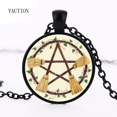 Wicca Broom Pentagram Necklace Pentacle Pendant Wiccan Witch Jewelry Glass Cabochon Silver Statement Long Chain Necklace