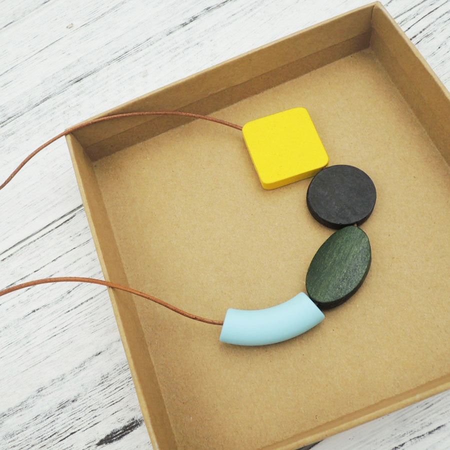 YELLOW wood geometric necklace minimalist statement CURVE OVAL SQUARE light weight abstract leather cord NW088