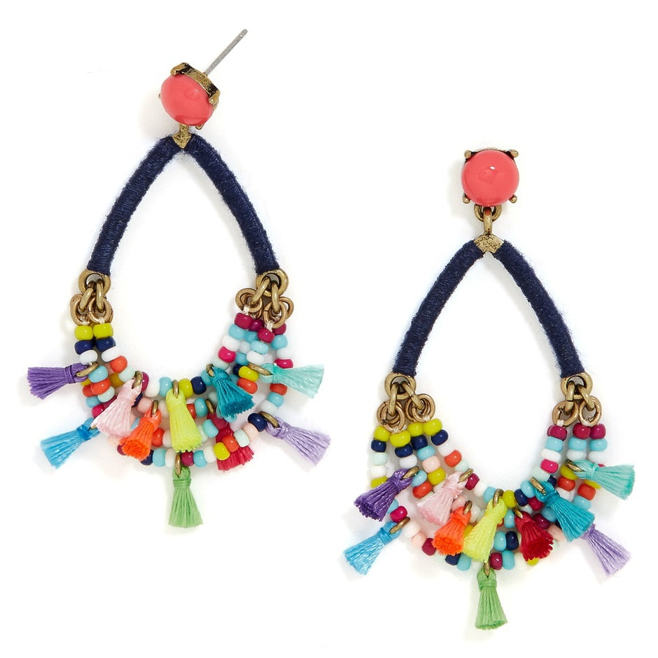 YJX Merengue Drops Earrings Statement Multicolored Beads and Miniature Tassels Loop Crisp Cluster