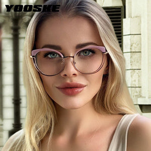 YOOSKE Anti Blue Light Glasses Women  Brand Designer Metal Frame Cat Eye Eyewear Computer Optical Prescription Eyeglasses