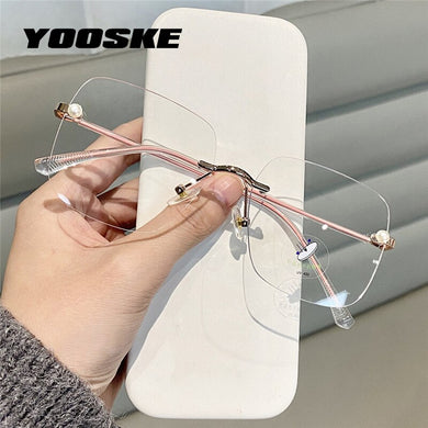 YOOSKE Rimless Pearl Square Glasses Frame Women Elegant Computer Eyewear Anti Blue Light Eyeglasses Frames  Brand Design