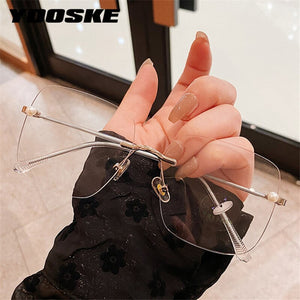 YOOSKE Rimless Pearl Square Glasses Frame Women Elegant Computer Eyewear Anti Blue Light Eyeglasses Frames  Brand Design