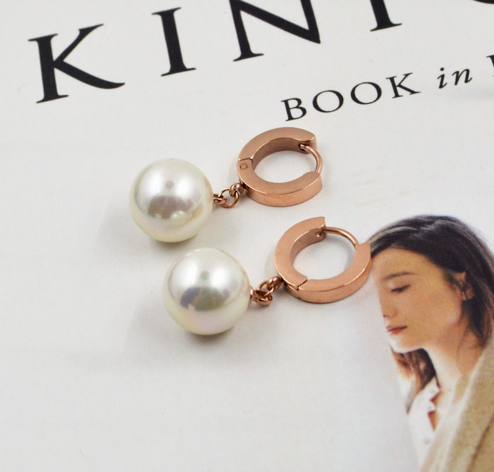 Elegant Pearl Drop Earring 316 L Titanium Steel Rose Gold Color Jewelry Woman Girl Fashion Accessories Gift Party 2017
