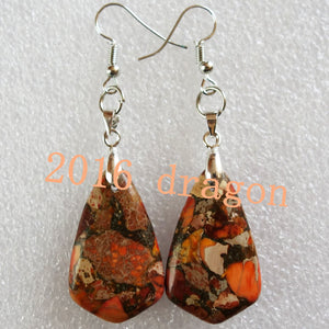 YUTENG 32x20x6mm Orange Sea Sediment Stone & Pyrite Rhombus Dangle Drop Earrings RT09