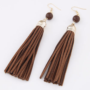 Fashion Fringe Earrings Ladies Imitation Leather Brown Velveteen Cord Tassel Gold-color 120x12mm Long Dangle Drop Earring