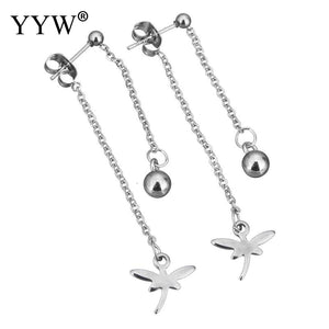 Womens Girl Jewelry Gifts Long Chain Stainless Steel Split Earring Round Ball Drop Animal Dragonfly Charm Dangle Earrings