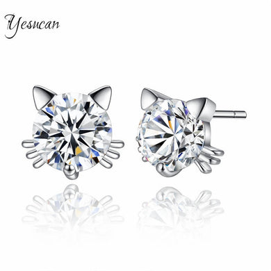 Cute Silver CZ Bow Knot Kitten Gato Kitty Cat Stud Earrings Women Children Girls Kids Baby Aros Aretes Jewelry Animal