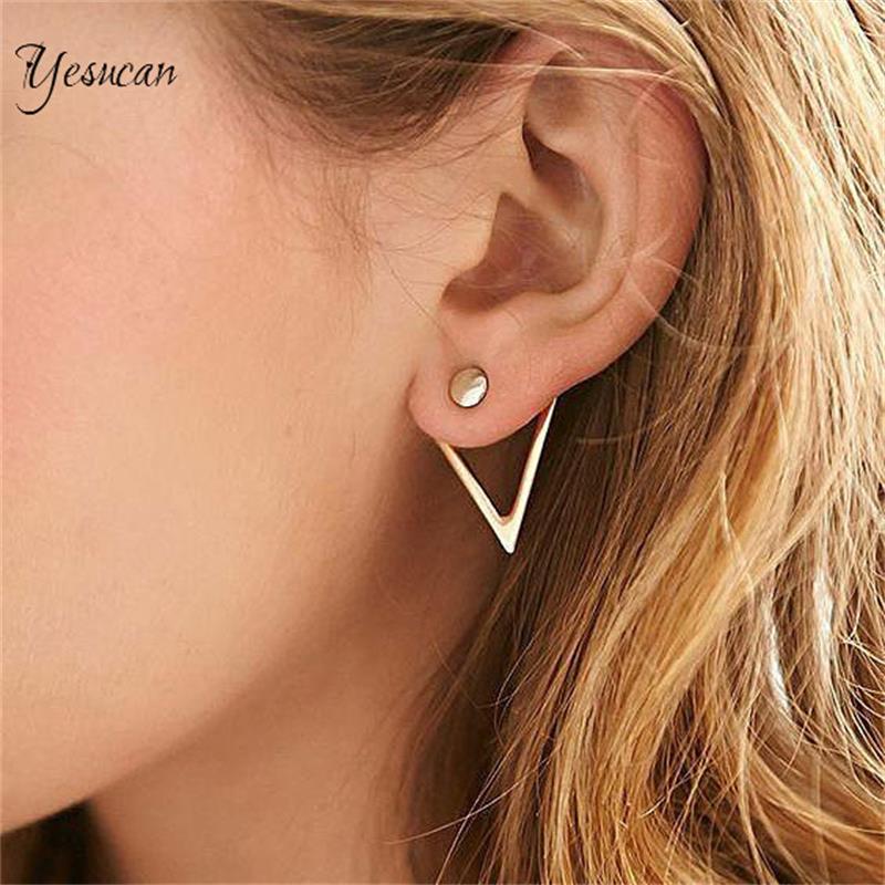 Lady Simple Circle Front Back Double Sided Stud Earrings Gold Color Triangle Geometric Ear Jewelry Ear Piercing Earing