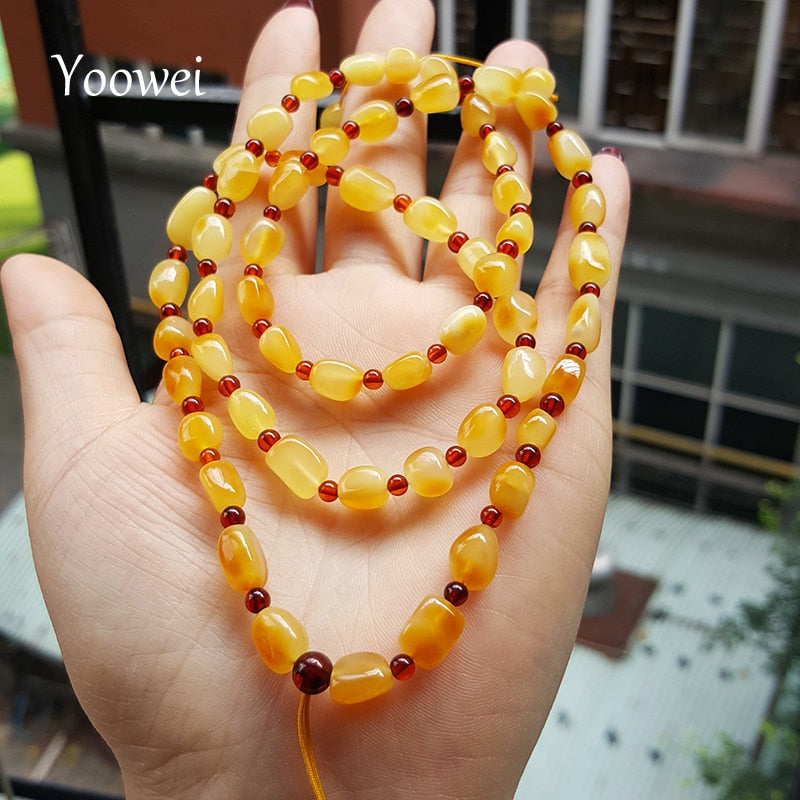 60cm Natural Baltic Amber Necklace 6mm Unique Amber Bead Hang Rope Sweater Chain Necklace Natural Beeswax for Unisex