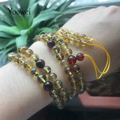 Braccialetti di ambra verde naturale da 6 mm Genuino 108 perline Pianta ambra Mala Meditazione Buddista 69 cm Collana di ambra Gioielli da uomo 