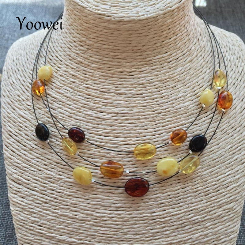 Women Amber Necklace Baltic Oval Shape Genuine Stone 3 Layers Amber Beads Jewelry for Mom/Mama Gift Best Gems Wholesale