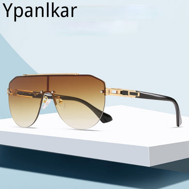 Ypanlkar Gradient lens Classic Brand men's oval Rimless designer Large frame sunglasses Vintage women sun glasses UV400