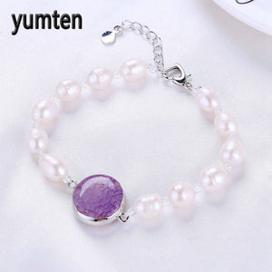 9-10mm Women Love Real Nature Pearls Beads Charm Bracelets Fashion Purple Crystals Jewelry Classic Gifts