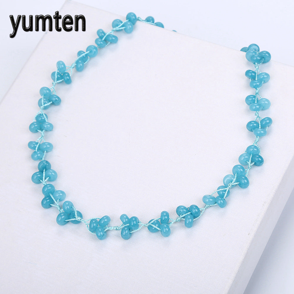 Aquamarine Braided Necklace Natural Stone Crystal Women Pendant Fashion Party Boutique Handmade Bead Chain Bijuterias Fox