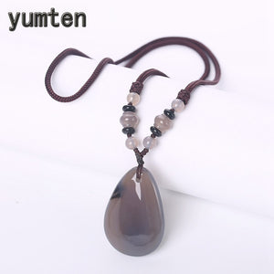 Grey Agate Pendant Necklace Ethnic Women Long Chain Engagement Luxury Ornaments Power Water Drop Bijuterias Rope Chain