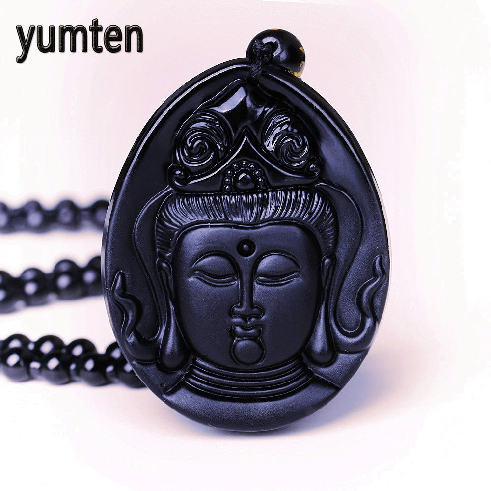 Long Obsidian Buddha Necklace For Adult Guanyin Buddhism Fine Jewelry Blessing Lucky Pendants Big Amulet Pendant Gifts