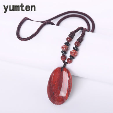 Natural Jasper Necklace Bohemia Women Pendant Jewelry Party Accessories Water Drop Bijoux Rope Chain Bead Black Spacer
