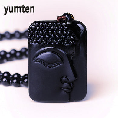 Natural Obsidian Buddha Pendant Stone Carving Bead Chain Necklace Crystal Lucky Women Jewelry Gemstone Blessing Amulet