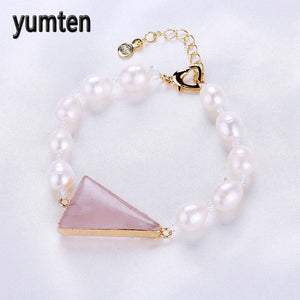 Natural Pearl Jewelry Bracelet Pearl For Women Brides Strand Lasp Triangular Powder Crystal Stone Rose Quartz Mujer Gift