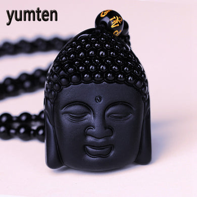 Obsidian Carved Buddha Pendant Sakyamuni Head Necklace For Men Women Lucky Amulet Pendant Buddhism Fine Jewelry Gifts