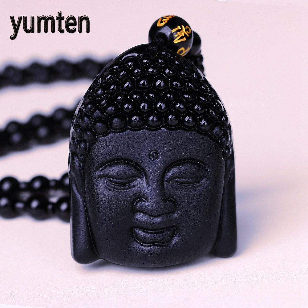 Obsidian Carved Buddha Pendant Sakyamuni Head Necklace For Men Women Lucky Amulet Pendant Buddhism Fine Jewelry Gifts