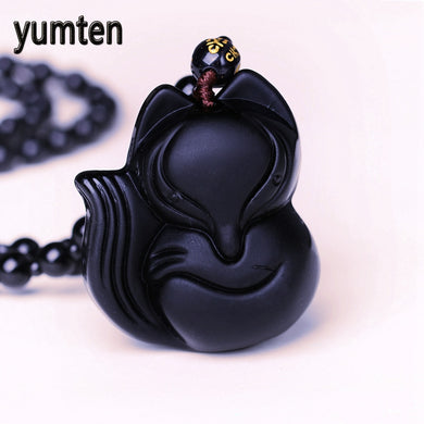 Obsidian Fox Pendant For Women Men Necklace Charms Obsidian Bead Chain Jewelry Lucky Nature Stone Amulet Blessing Pendant
