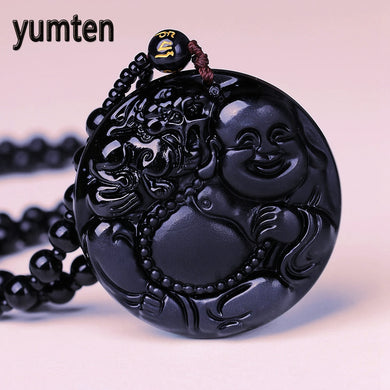Obsidian Round Maitreya Natural Stone Pendant Carving Chain Necklace Crystal Lucky Men Jewelry Women Gemstone Amulet Gift