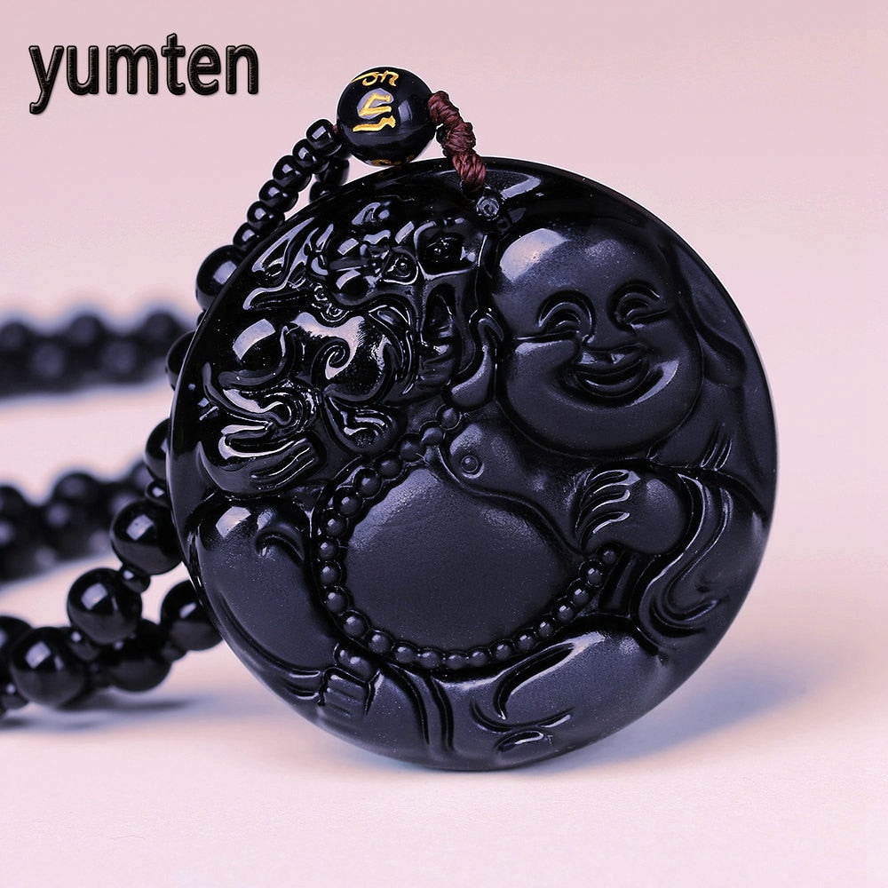 Obsidian Round Maitreya Natural Stone Pendant Carving Chain Necklace Crystal Lucky Men Jewelry Women Gemstone Amulet Gift