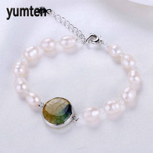 Pearl Bracelet Women Brides Fine Jewelry Bridesmaids Pearl Natural Stone Round Popcorn Green Crystal Silver Accessories