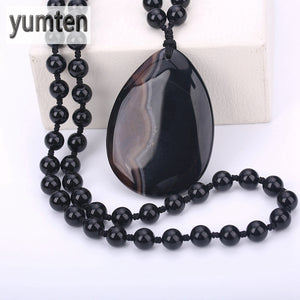 Popular Sweater Chain Long Necklace Fashion Men Women Black Agate Water Drop Pendant Retro Accessories Collier Sailor
