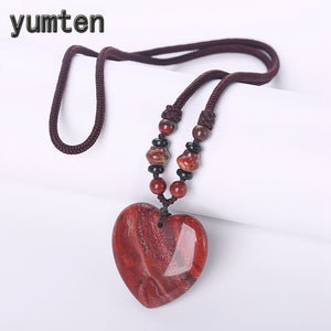 Red Jasper Pendant Necklace Romantic Women Heart Jewelry Vintage Statement Sweater Chain Rope Multilayered Beaded Crystal