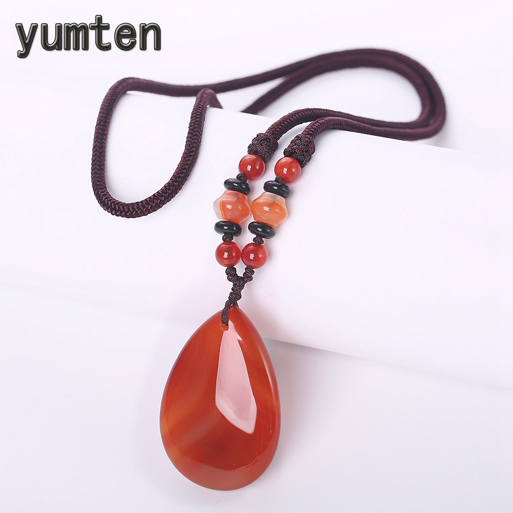 Red Pendant Necklace Agate Gem Chain Women Casual Jewellerynatural Stone Bijoux Geometric Party Accessories Beaded Chains