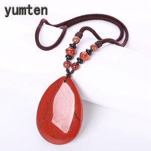 Red Pendant Necklace Natural Jasper Naszyjnik Hyperbole Women Long Chain Party Rope Chain Geometric Stone Beads Jewellery