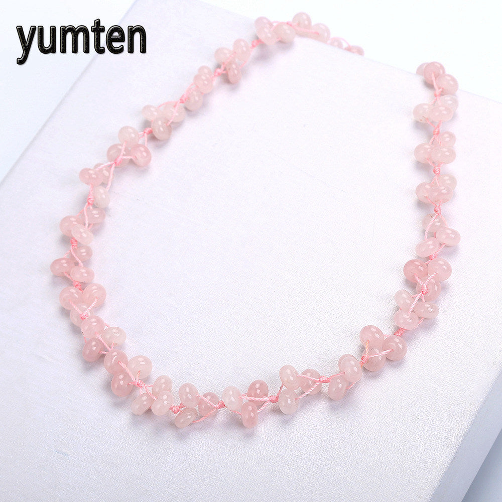 Rose Quartz Necklace Women Crystal Jewelry Fashion Boutique Pendant Hand-Woven Beads Valentine's D Gifts Bijuterias Fox