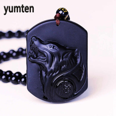 wholesale Black Obsidian Wolf Necklace Carving Wolf Head Amulet Pendant Chain Obsidian Blessing Lucky Pendants Jewelry