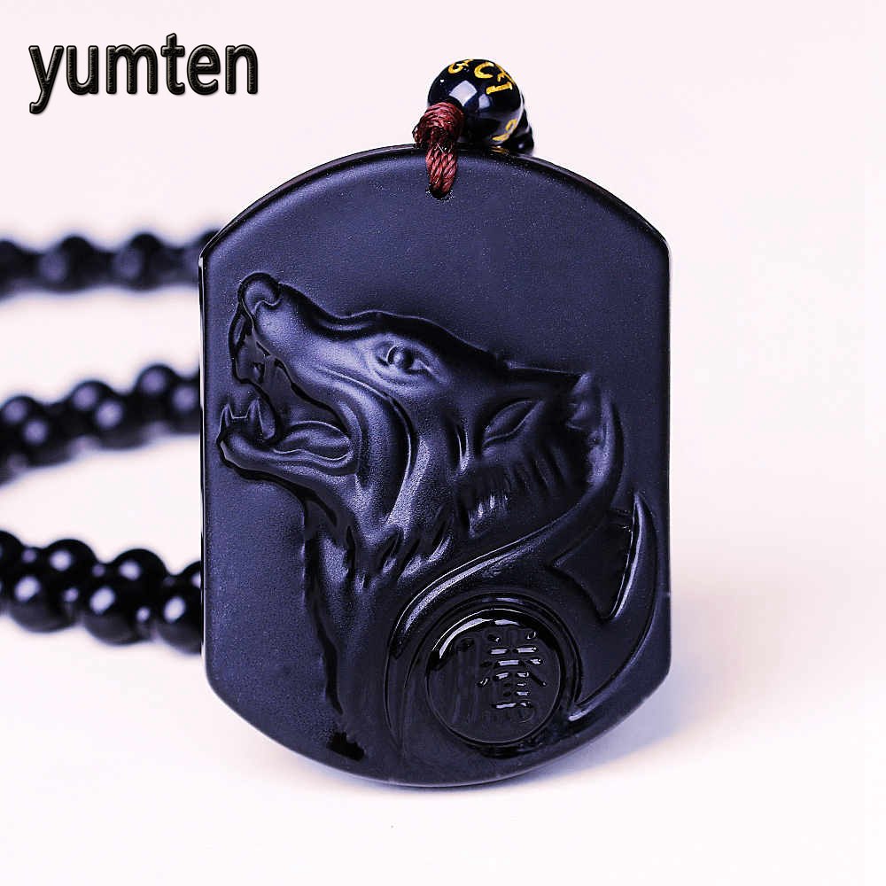 wholesale Black Obsidian Wolf Necklace Carving Wolf Head Amulet Pendant Chain Obsidian Blessing Lucky Pendants Jewelry