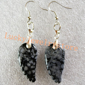 Yuteng A Pair of 30x15x4mm Snowflake Obsidian Heart & Tibet silver Wing Earrings DK26