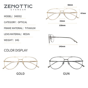ZENOTTIC Ultralight Pure Titanium Pilot Glasses Frame Women Men CR-39 Clear Lens Optical Myopia Prescription Eyeglasses Frames