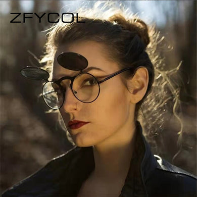 ZFYCOL Vintage Steampunk Flip Sunglasses Round Metal Frame Sun Glasses for Men Women Brand Designer Circle Glasses Oculos UV400