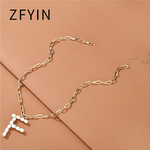 ZFYIN 2020 New Trendy Jewelry Fresh Water Pearl Alphabet Letters Initials  Pendant Necklaces for Women
