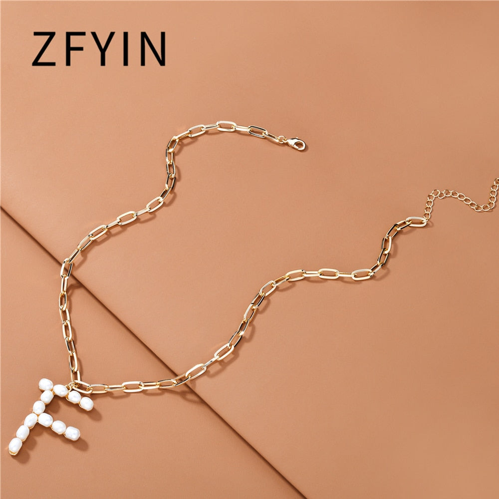 ZFYIN 2020 New Trendy Jewelry Fresh Water Pearl Alphabet Letters Initials  Pendant Necklaces for Women