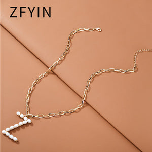 ZFYIN 2020 New Trendy Jewelry Fresh Water Pearl Alphabet Letters Initials  Pendant Necklaces for Women