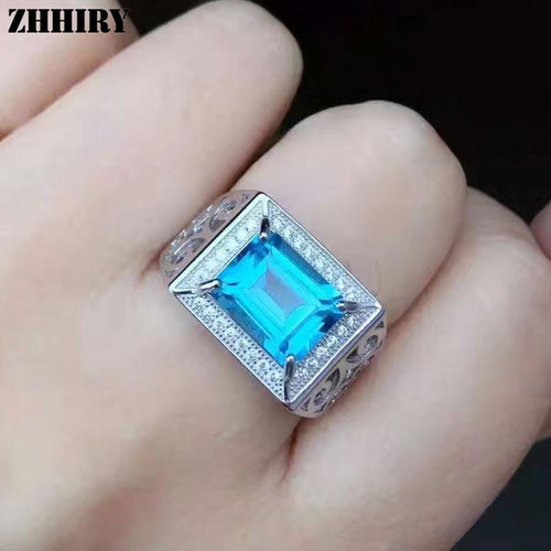 Men Gemstone Rings Genuine Natural Topaz 925 Sterling Silver Man Ring Real Precious Blue Gemstone Fine Jewelry