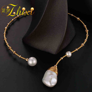 Baroque Pearl Torques Necklace Fine Jewelry Real Pearl Big Pearl Necklace Women Wedding Trendy Party Jewelry XE214