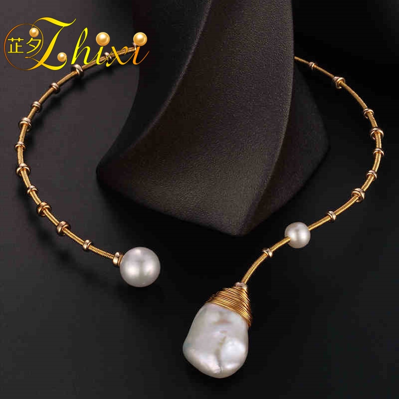 Baroque Pearl Torques Necklace Fine Jewelry Real Pearl Big Pearl Necklace Women Wedding Trendy Party Jewelry XE214