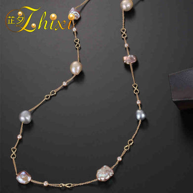 Collana lunga di gioielli in oro giallo 9 carati con perle lunghe catena di maglioni di perle barocche naturali per le donne regalo di anniversario EB44 