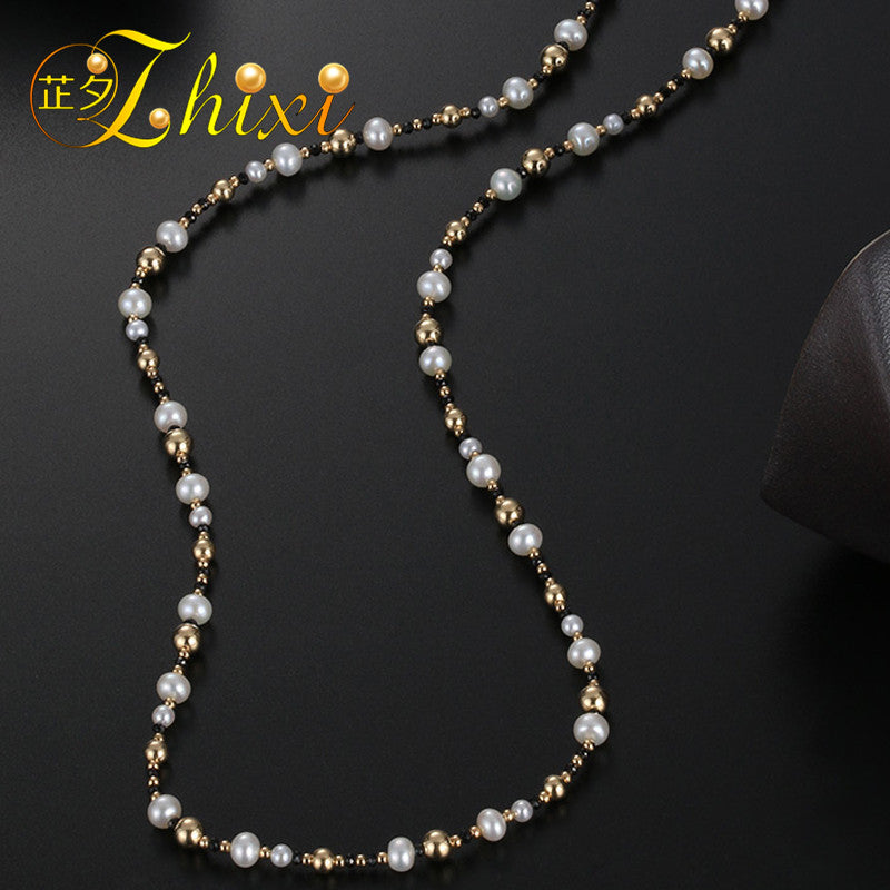 Fine Jewelry Long Pearl Necklace 9K Yellow Gold Natural Pearl Sweater Chain Near Round Anniversary Gift Black Onyx EB35
