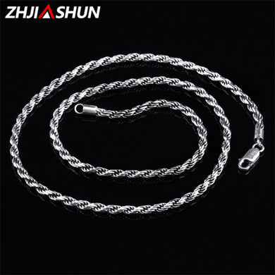 Vintage 925 Sterling Silver Necklaces Long Chains for Women Men Retro Italian Hemp Rope Necklace 60cm 55cm